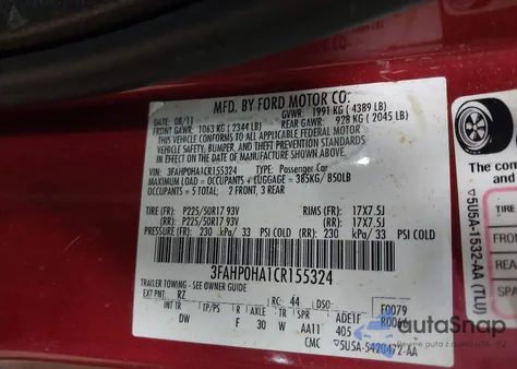 2012 Ford Fusion Se from USA, damaged, VIN 3FAHP0HA1CR155324
